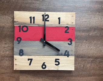 Reclaimed wood wall clock, rustic modern wall decor with a pop of red color