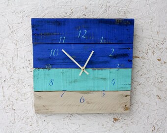 Ocean Blues Wall Clock, Beach House Decor, Reclaimed Pallet Wood, Coastal Chic, Modern Rustic wall decor, Custom Sizes available