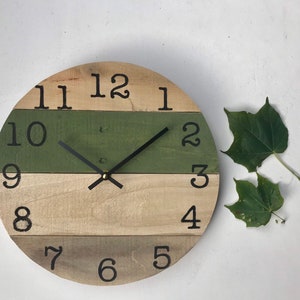 Round reclaimed wall clock in neutral earth tones, avocado green or choose your own color, reclaimed wood decor, modern farmhouse