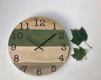 Round reclaimed wall clock in neutral earth tones, avocado green or choose your own color, reclaimed wood decor, modern farmhouse