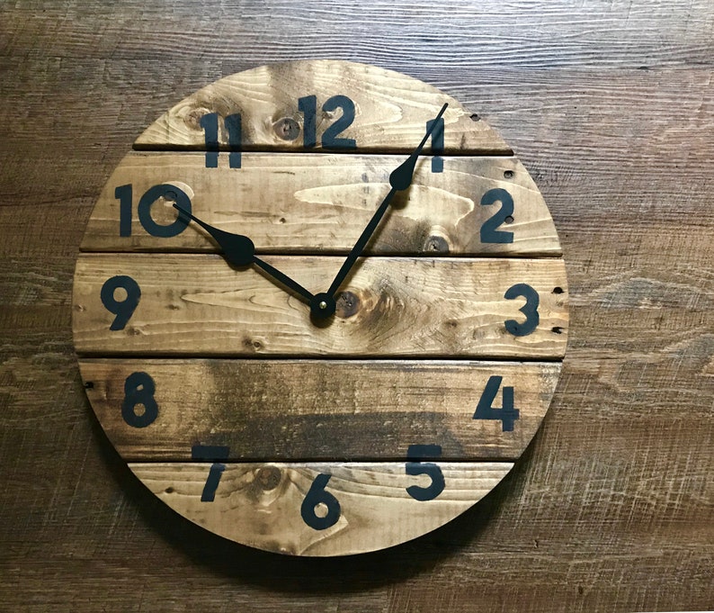 Modern Farmhouse Clock in warm coffee stain, rustic round wall decor, custom sizes available image 6