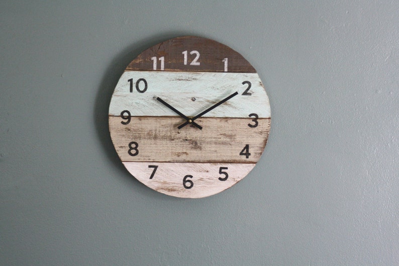 Beach house clock handmade round clock reclaimed wood wall clock Pale sea foam green Pallet Wood Coastal Decor Modern kitchen clock image 3