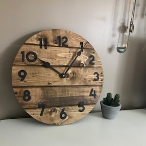 Modern Farmhouse Clock in warm coffee stain, rustic round wall decor, custom sizes available image 1