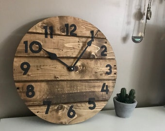 Modern Farmhouse Clock in warm coffee stain, rustic round wall decor, custom sizes available