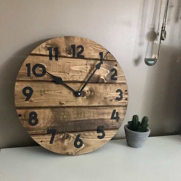 Modern Farmhouse Clock in warm coffee stain, rustic round wall decor, custom sizes available