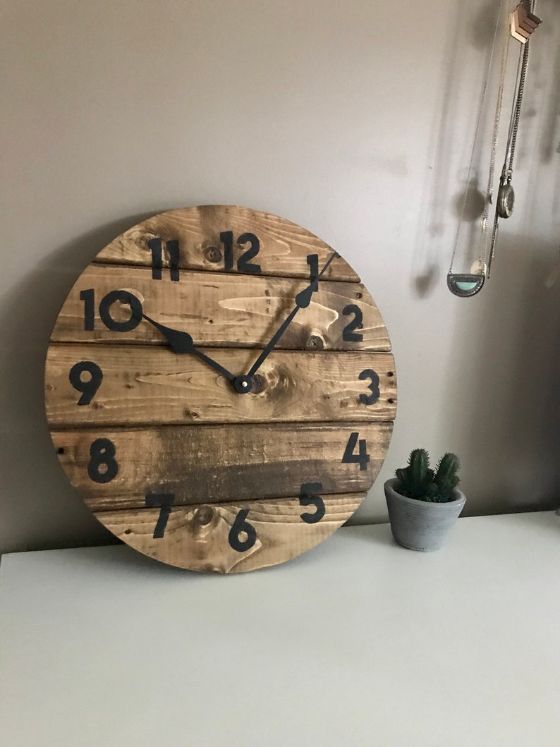 Modern Farmhouse Clock in warm coffee stain, rustic round wall decor, custom sizes available image 1