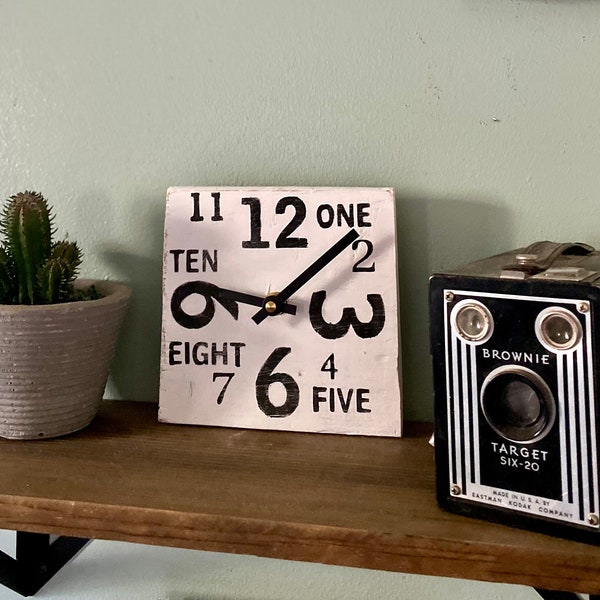 Modern Desk clock in white and black, bookshelf decor, table clock, artisan wood clock, custom stains available, small clock