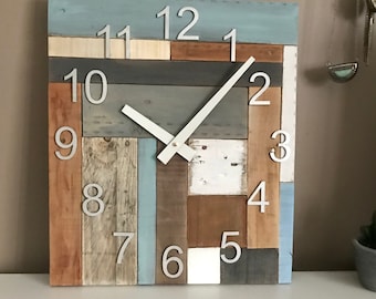 Reclaimed Modern Wall Clock, Patchwork handcrafted wood decor, contemporary wall hanging, raised wooden numbers, artisan home decor