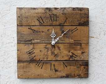 Brown farmhouse wall clock in warm coffee stain, rustic modern New England style, variable sizes available