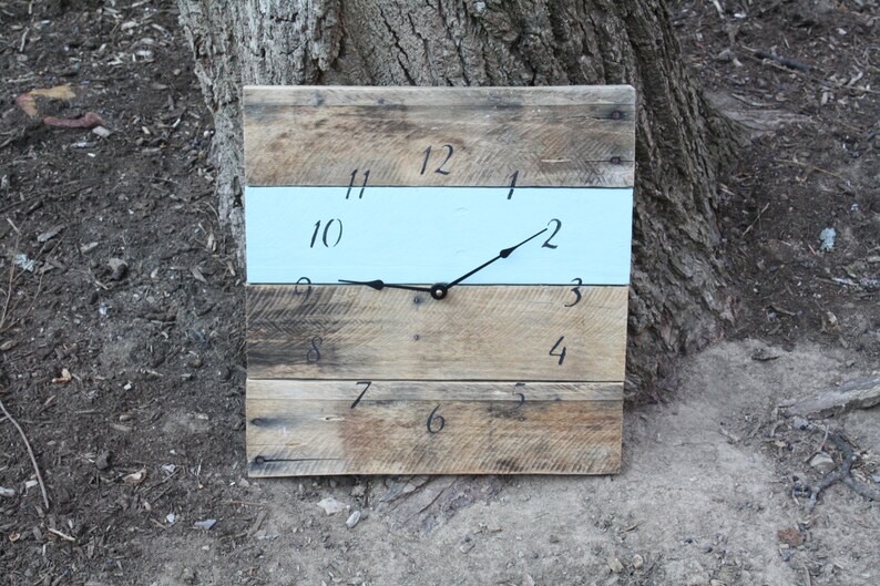 Wood wall clock with a pop of blue, Reclaimed Wood gift with coastal decor or modern farmhouse style Custom clocks available image 1