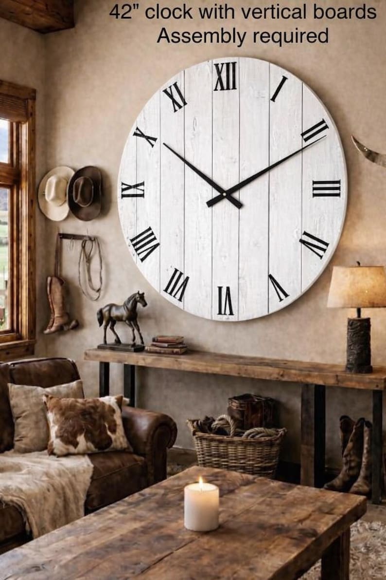 Oversized Huge Large Rustic Real Wood Wall Clock in Solid White 42