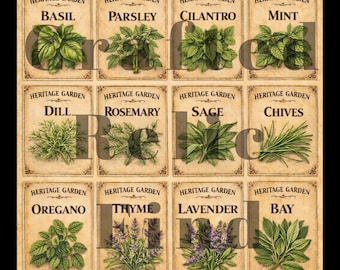 Etiquetas vintage para jardim de ervas botânicas, marcadores de plantas para imprimir (download instantâneo)
