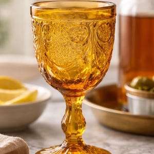 Puede incluir: Copa de cristal ámbar ornamentada con un intrincado diseño floral. El tallo y la base también son ámbar y presentan diseños intrincados. El vaso está lleno de líquido, con una botella y un cuenco en el fondo.