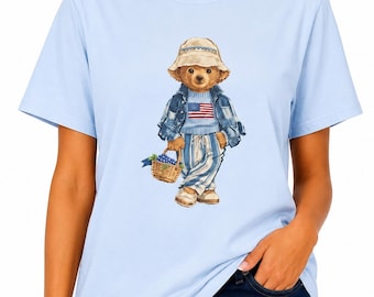 Polo Bear T-shirt Cotton Regular Fit Blue Shirt, Womens Clothing Ideas, Gift for her.