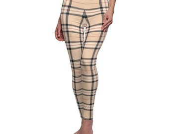 Leggings a cuadros beige, pantalones elásticos a cuadros marrones, ideas de ropa para mujer, regalo.