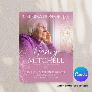 Puede incluir: Una tarjeta conmemorativa rosa con el texto "Celebración de la vida" y el nombre "Nancy Mitchell". La tarjeta incluye la fecha de nacimiento y defunción, la hora y los datos de la ubicación. El logotipo de Canva está en la esquina inferior derecha.