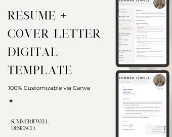 May include: Digital resume and cover letter template displayed on two tablets. The resume includes sections for profile, expertise, education, and references. The cover letter is also shown. The text reads "100% Customizable via Canva."