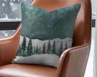 Winter Pine Forest Pillow | Snowy Mountain Throw Pillow