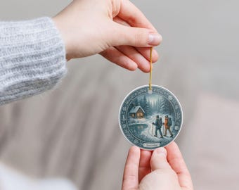 Winter Cabin Scene Ceramic Ornament: Double-Sided Holiday Decor