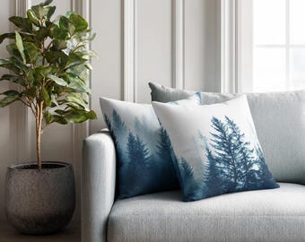Blue Misty Pine Forest pillow | Square Pillow
