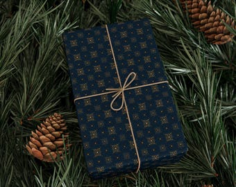 Navy Blue Geometric Pattern Wrapping Paper | Gold Motif Holiday Wrap