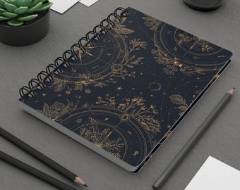 Diario a spirale con bussola zodiacale celeste / Quaderno di astrologia dorato