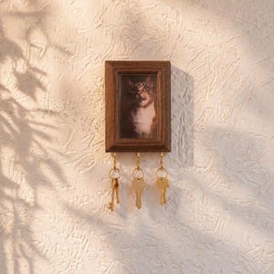 Könnte beinhalten: Ein rechteckiger Schlüsselhalter aus dunklem Holz zur Wandmontage mit einem vertikalen Bilderrahmen, der ein Foto einer Katze enthält. An der Unterkante befinden sich drei goldfarbene Metallhaken, an denen jeweils ein Schlüsselbund hängt.