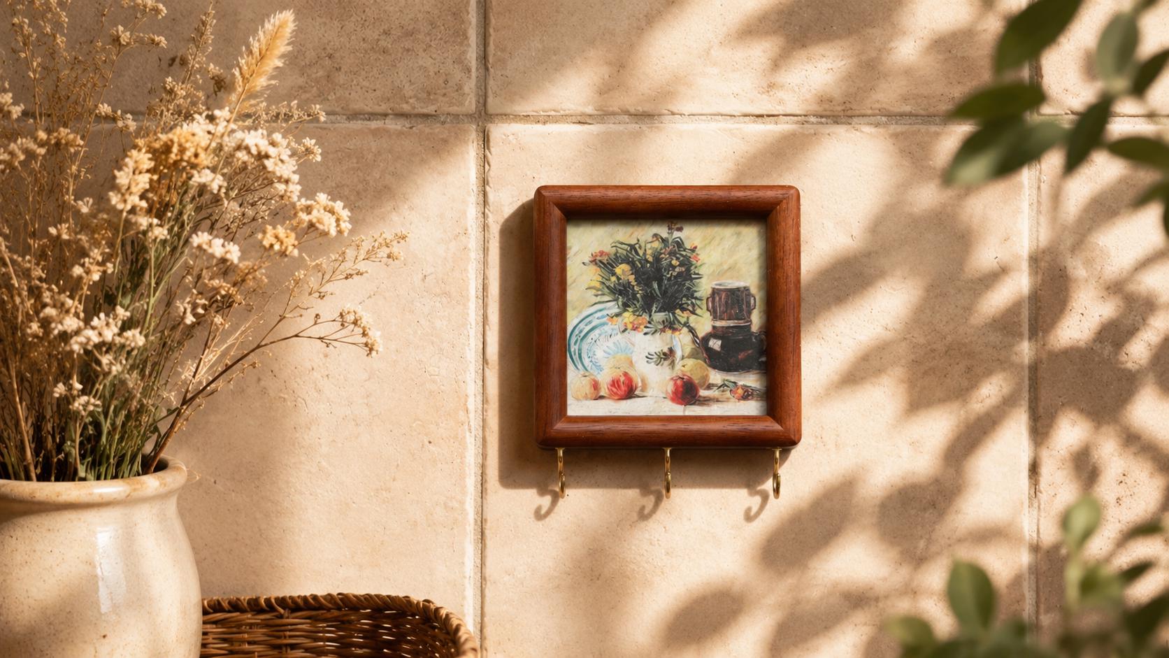 Housewarming Gift Key Holder, Dark Brown Wood Picture Frame With 3