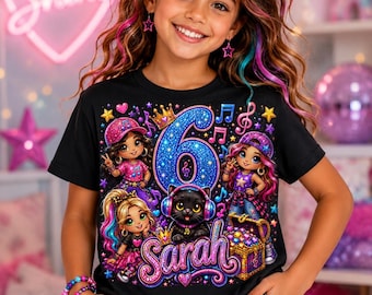 キラキラ輝く6歳の誕生日Tシャツ｜カラフルな漫画の女の子、音符
