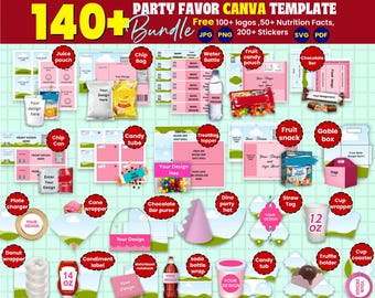 140 Party favors Templates Bundle, Chocolate Wrapper Template, Water Bottle Cricut, Rice Krispie svg, Chip Bag Template & Gift Box