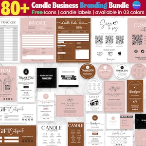 May include: A collection of candle business branding templates in various colors. Includes order trackers, invoices, thank you cards, gift certificates, and social media templates. The text includes "Candle Business Branding Bundle" and "Free Icons | candle labels | available in 03 colors".