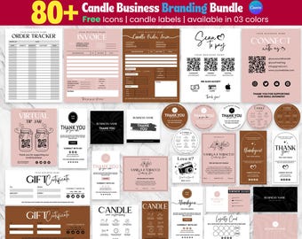 Könnte beinhalten: Eine Sammlung von Branding-Vorlagen für Kerzengeschäfte in verschiedenen Farben. Enthält Bestellverfolgungen, Rechnungen, Dankeskarten, Geschenkgutscheine und Social-Media-Vorlagen. Der Text enthält "Candle Business Branding Bundle" und "Free Icons | candle labels | available in 03 colors".