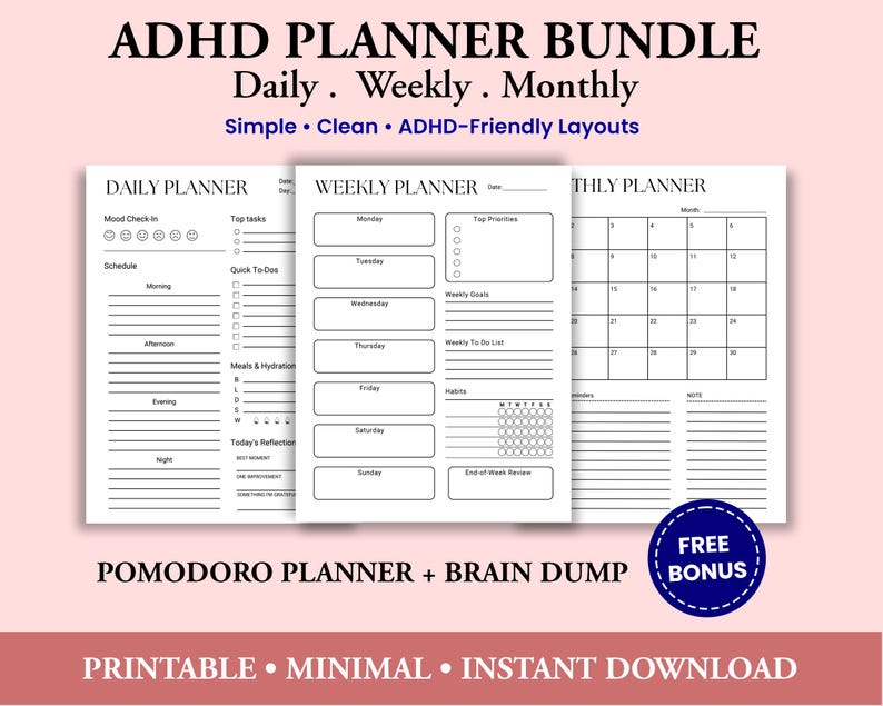 ADHD Planner Printable Set – Daily • Weekly • Monthly | FREE Brain Dump ...
