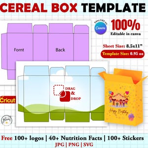 May include: A cereal box template with a purple outline, a blue and green landscape design, and a yellow box with a birthday theme. The text includes "Cereal Box Template", "Easy Edit on Canva", and "100% Editable in Canva". The sheet size is 8.5x11 inches.