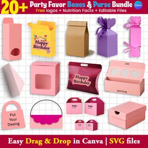 Puede incluir: Una colección de cajas de regalo y paquetes de bolsos de fiesta en varias formas y colores, incluyendo rosa, amarillo, marrón y morado. Algunas cajas tienen el texto "Happy Birthday", y otras están diseñadas para imágenes personalizadas. También incluye el texto "Easy Drag & Drop in Canva | SVG files."