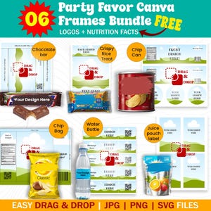 Könnte beinhalten: Ein digitales Design-Bundle für Party-Gastgeschenke mit Vorlagen für Schokoriegel, Reis-Crispy-Treats, Chip-Dosen, Chip-Tüten, Wasserflaschen und Saftbeutel. Enthält "Drag & Drop"-Elemente und den Text "Your Design Here". Das Bundle ist mit "FREE" gekennzeichnet.