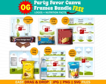 6 Party Favor Template Bundle, Chip Bag, Water Bottle Labels, Chocolate Bar & Pringles,Editable Canva Templates | SVG Party Favor Printables
