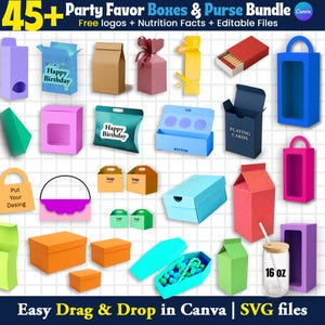 Könnte beinhalten: Eine Sammlung von Partygeschenkboxen und Geldbörsen-Bundles in verschiedenen Farben und Formen. Das Bild enthält Boxen mit dem Text "Happy Birthday", "Playing Cards" und "16 oz". Der Text "Easy Drag & Drop in Canva | SVG files" ist ebenfalls sichtbar.