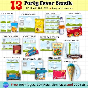 Könnte beinhalten: Ein digitales Party-Bundle mit 13 verschiedenen Designs, darunter Etiketten für Saftbeutel, Chipstüten, Wasserflaschen und Süßigkeiten. Das Bild zeigt Vorlagen mit dem Text "Your Design Here" und "Happy Birthday". Das Canva-Logo ist sichtbar.