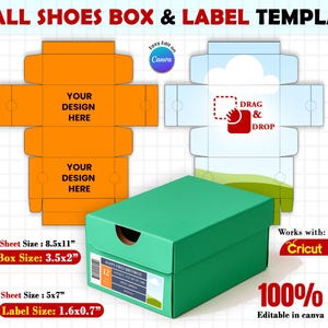 May include: A teal shoe box template with a lid, next to two unfolded box templates in orange and blue. The orange template reads "YOUR DESIGN HERE." The blue template has a cloud and grass design. The text reads "SMALL SHOES BOX & LABEL TEMPLATE."