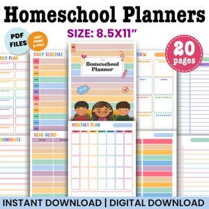 May include: Homeschool planners with a variety of layouts, including daily, monthly, and assignment pages. The planners are 8.5x11 inches and feature colorful designs. The text on the image says "Homeschool Planners" and "Instant Download | Digital Download".