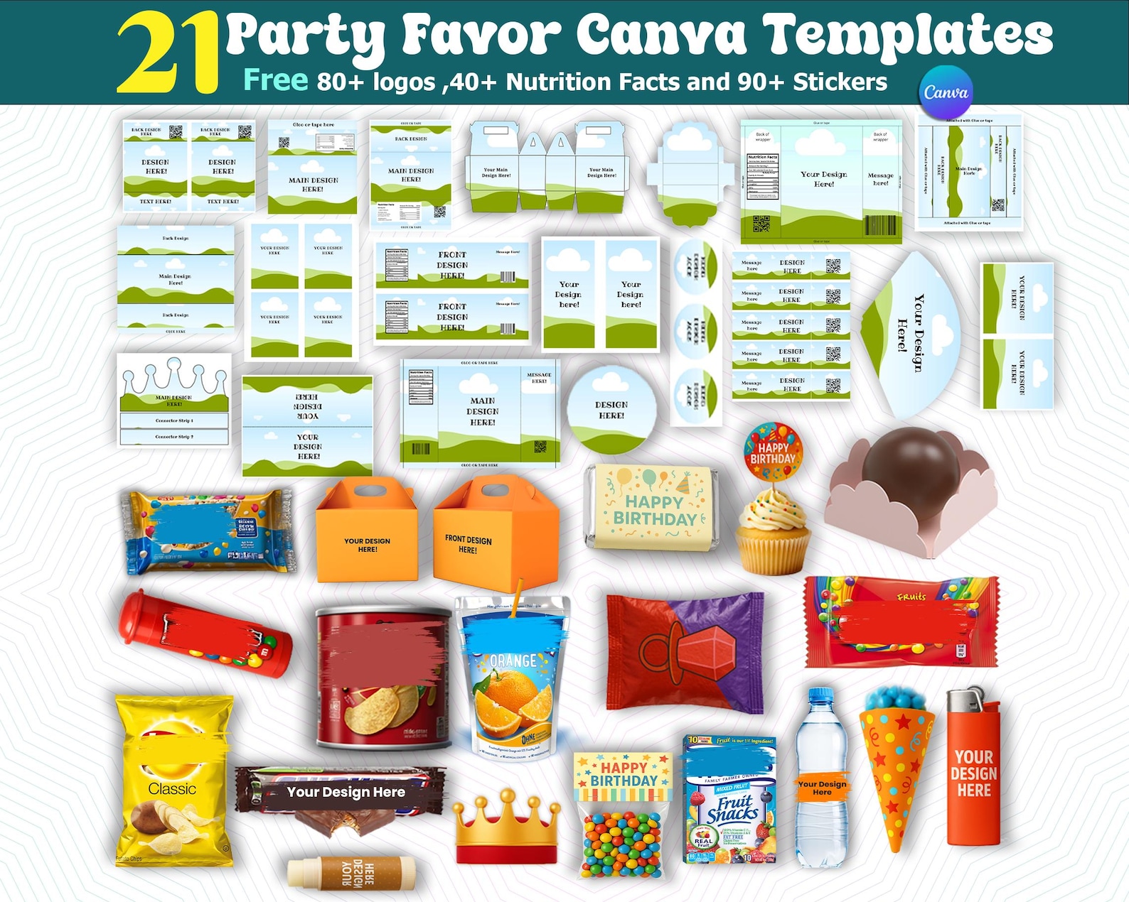 21 Party Favor Templates, Party Favors Template Bundle, Chocolate