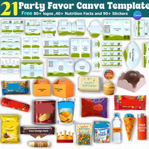 Può includere: Una collezione di modelli Canva per bomboniere, tra cui etichette, adesivi e design di imballaggio. L'immagine presenta vari modelli con testo come "Your Design Here" e "Happy Birthday", insieme a cibi come caramelle e snack. Il testo in alto dice "21 Party Favor Canva Templates".