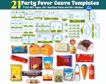 May include: A collection of party favor Canva templates, including labels, stickers, and packaging designs. The image features various templates with text like "Your Design Here" and "Happy Birthday", along with food items like candy and snacks. The top text says "21 Party Favor Canva Templates".