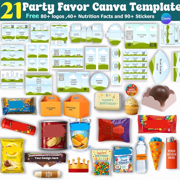 21 Party favor Templates, Party favors Template Bundle, Chocolate Wrapper Template, Water Bottle Cricut, Rice Krispie svg, Chip Bag Template