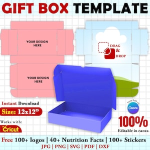 Może przedstawiać: Szablon pudełka na prezent z różowymi i niebieskimi wzorami pudełek. Różowe pudełka mają obszary oznaczone "YOUR DESIGN HERE". Niebieskie pudełko jest otwarte. Obraz zawiera tekst "Natychmiastowe pobieranie Rozmiar: 30.48cm x 30.48cm".