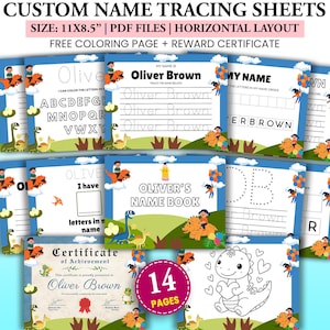 Puede incluir: Un conjunto de hojas de rastreo de nombres personalizados con temática de dinosaurios. Las hojas incluyen ejercicios de rastreo, una página para colorear y un certificado de recompensa. Las hojas miden 27,9 x 21,6 cm.