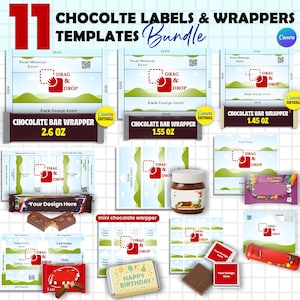 May include: A selection of 11 chocolate label and wrapper templates. The templates include designs for chocolate bar wrappers, mini chocolate wrappers, and labels. The designs feature the text "DRAG & DROP" and "Canva Editable". The wrappers are labeled with sizes in ounces.