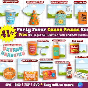 May include: A collection of party favor templates, including cup wrappers, hats, cookie wrappers, can coolers, bunting banners, candy tubs, juice bottles, chip cans, cup coasters, popcorn wraps, credit cards, sauce bottles, and gum wrappers. The image includes the text "Party Favor Canva Frame Bundle".