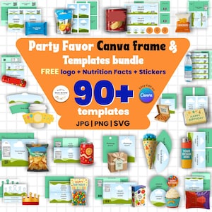 Könnte beinhalten: Eine Sammlung von Party-Favor-Vorlagen, darunter Aufkleber, Etiketten und Verpackungsdesigns. Das Bild zeigt eine orangefarbene Grafik mit dem Text "Party Favor Canva frame & Templates bundle" und "90+ templates".